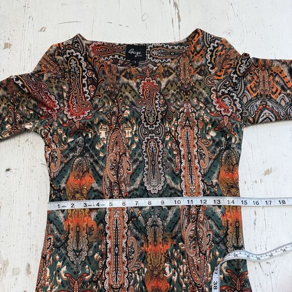 Beige ECI Sheath Dress 4 Paisley Scuba Knit Midi Pencil Fall Career Office - Picture 6 of 11